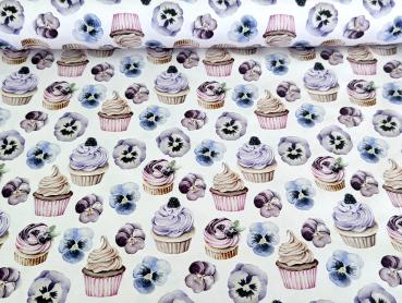Baumwolljersey Cupcake mit Stiefmütterchen Blumen auf Cremeweiß